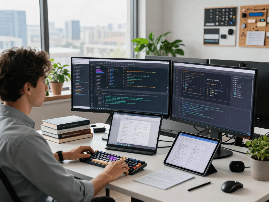 Gambar suasana ruang kerja digital untuk 快连下载, menampilkan insinyur perangkat lunak yang sedang fokus coding di meja berdiri dengan monitor dan laptop.