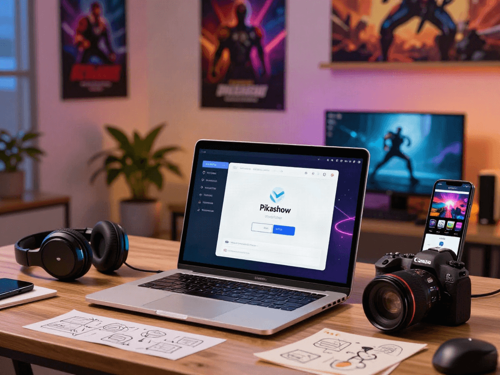 Pikashow app download on a laptop in a modern tech workspace full of gadgets.