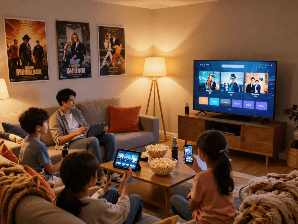Family enjoying movie night with the Moviebox app on multiple devices.