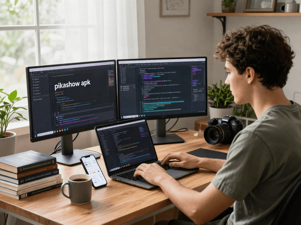 Engaged developer using pikashow apk on dual monitors in a cozy home office filled with tech gadgets.