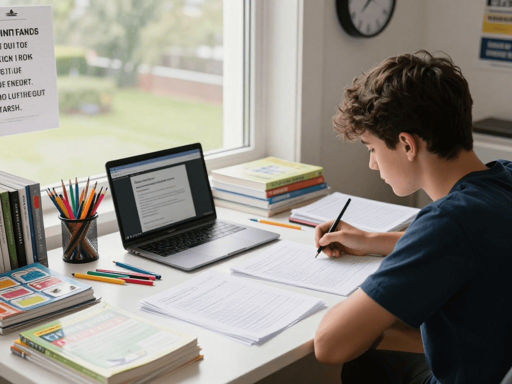 A student preparing for the 11 plus exam with expert tutors nearby, showcasing a focused study session.