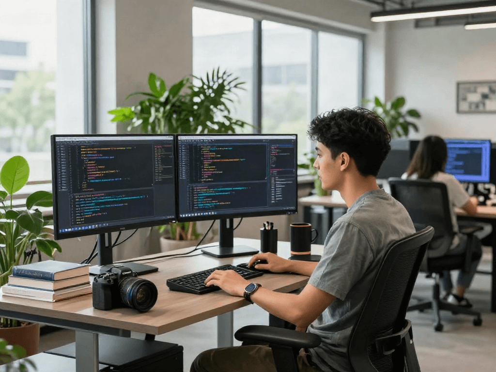 Developer coding an nsfw chat bot at a modern workspace with dual monitors and natural light.