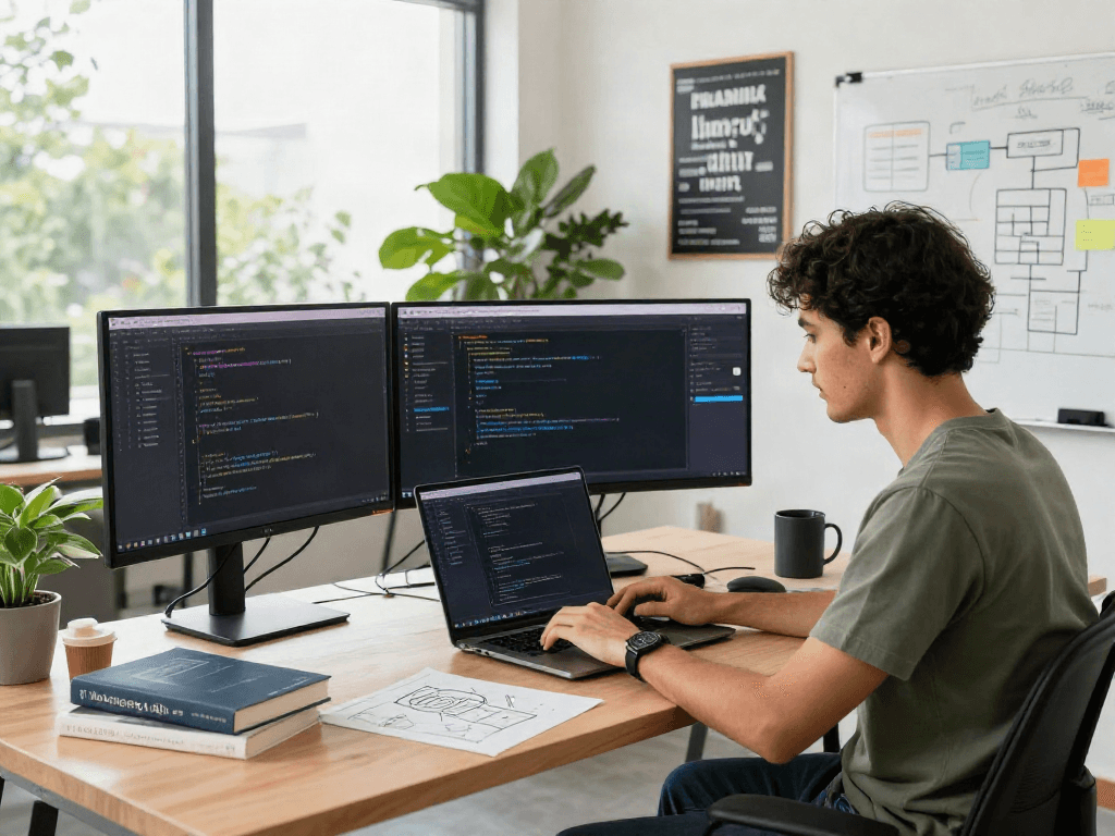 Developer working on the pikashow apk in a modern office, surrounded by coding tools and vibrant decor.