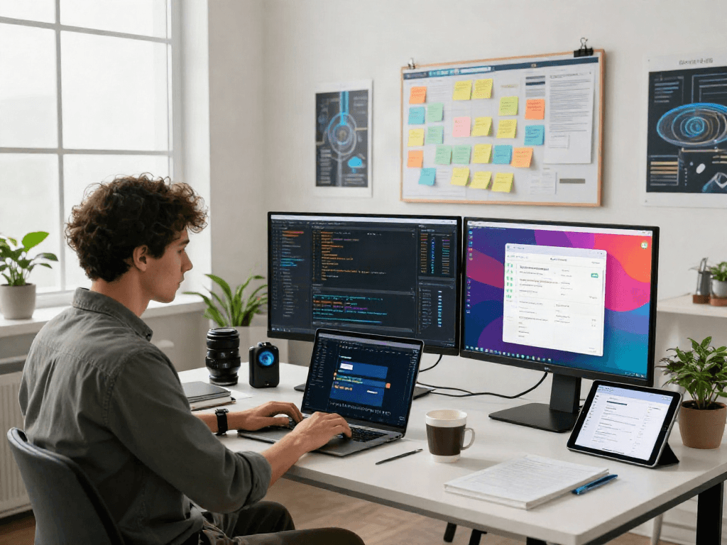 gbwhatsapp mobile application development setup in modern tech office with screens and coding tools