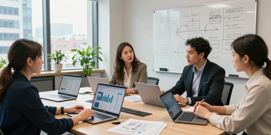 AI receptionist for small business assisting a team during a strategy session in a modern office setting.