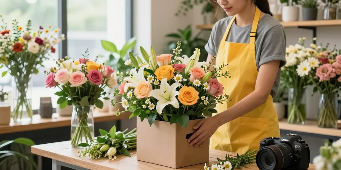 Florist merangkai bunga indah untuk bos88 dalam suasana toko yang cerah.