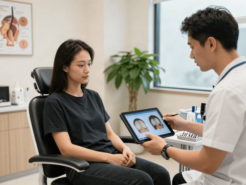 Hair transplant Istanbul consultation with surgeon reviewing hair restoration options on a tablet, modern clinic atmosphere.