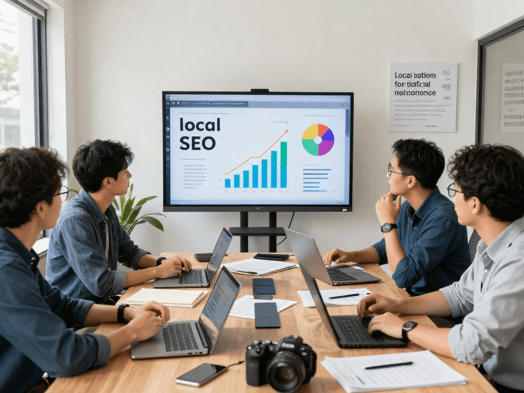 Local SEO for contractors meeting showcasing home-service professionals strategizing for market dominance.