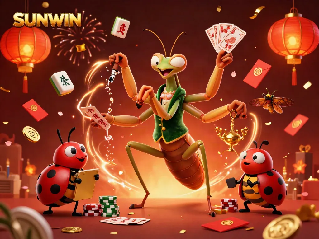 SUNWIN's vibrant online gaming scene illustrated with a giant praying mantis card sharp and ladybug pit boss.