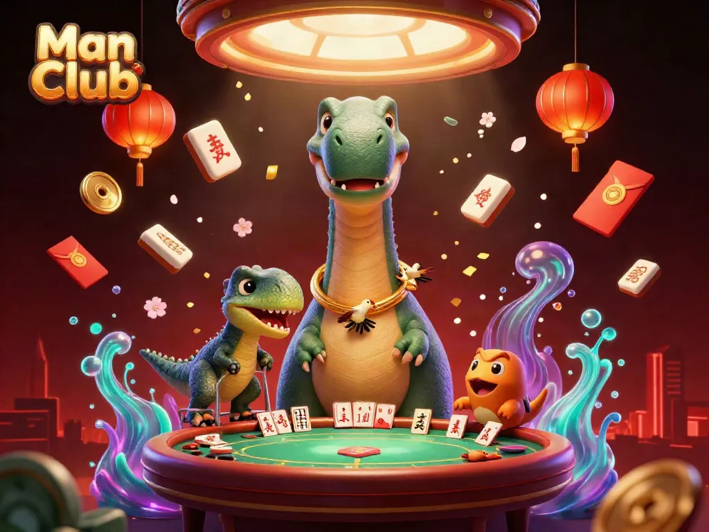 Experience thrilling gameplay at Man Club with a towering brontosaurus and clever raptor dealing cards.