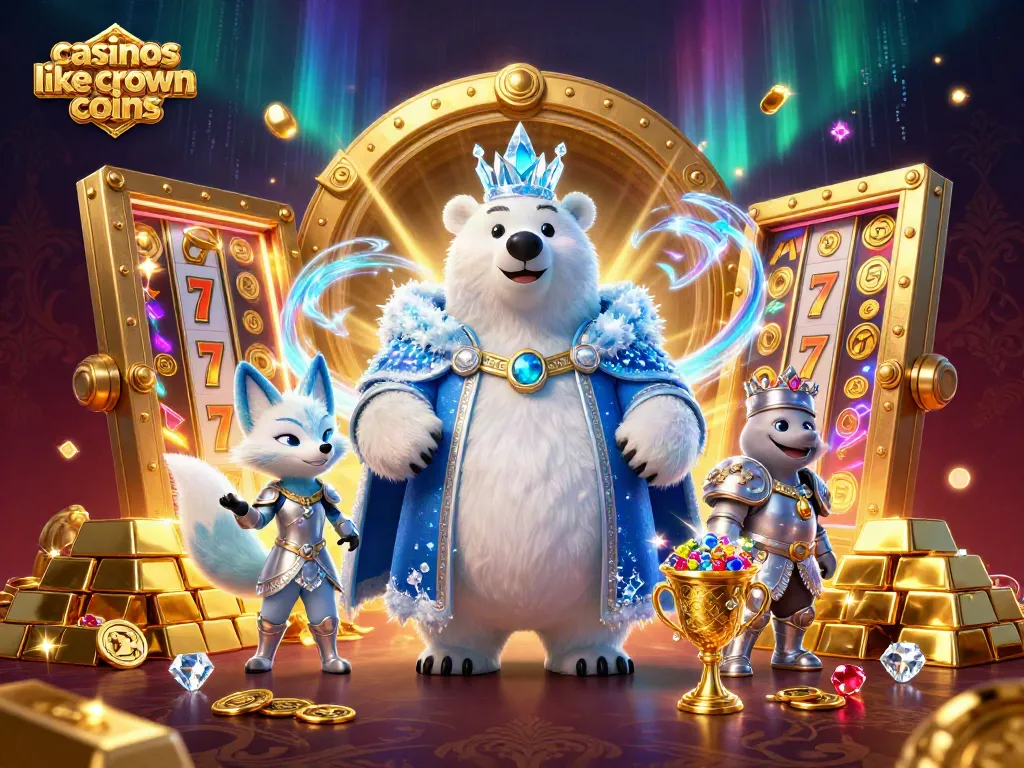 Spin and win at casinos like crown coins with a vibrant 3D casino scene featuring royal characters and slot elements.