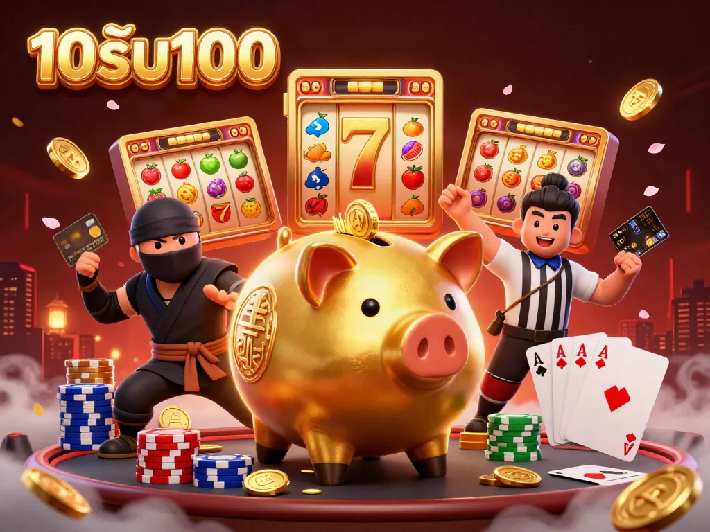 ภาพของโปรโมชั่น 10รับ100 จากเกมสล็อตออนไลน์ ที่มีกระปุกออมสินทองคำและนักรบคาสิโน