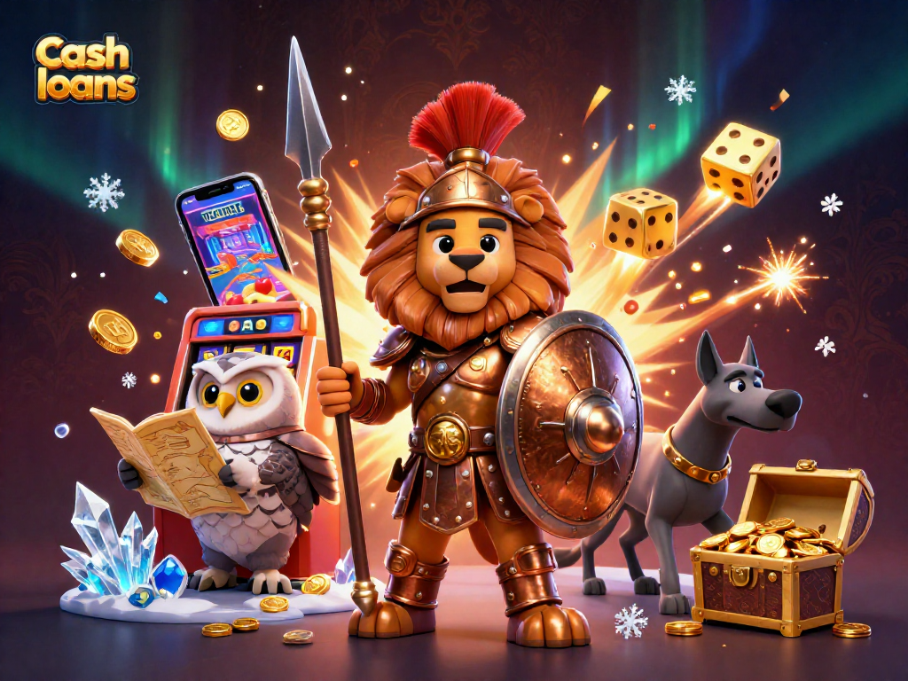 Engage in cash loans amidst an exciting casino scene featuring spinning slot machines and dynamic characters.