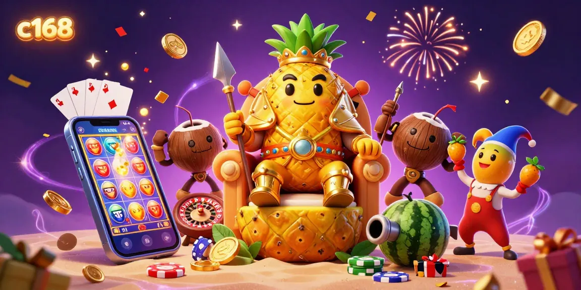 Experience the excitement of c168 as the golden pineapple king reigns over a vibrant beach casino.