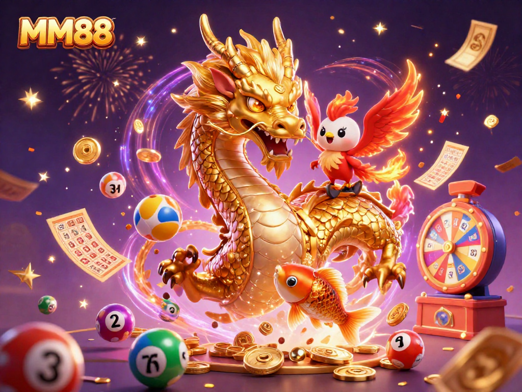 Engage in thrilling MM88 gaming with a majestic dragon, phoenix, and koi amid vibrant prizes and confetti.