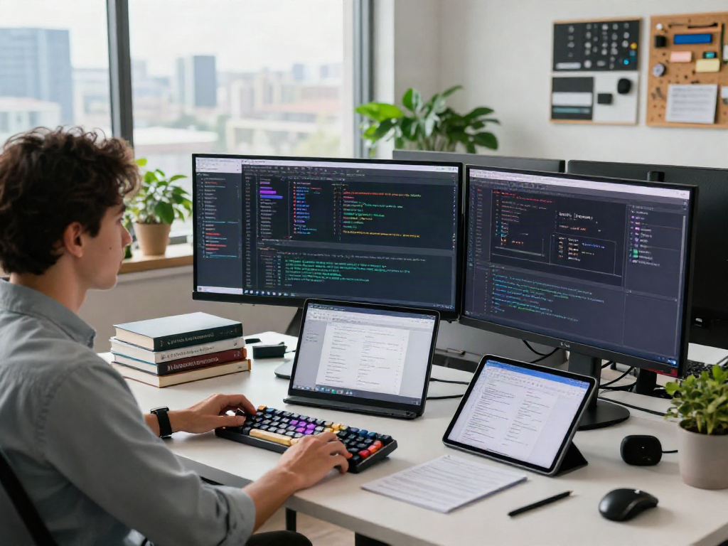 Gambar suasana ruang kerja digital untuk 快连下载, menampilkan insinyur perangkat lunak yang sedang fokus coding di meja berdiri dengan monitor dan laptop.