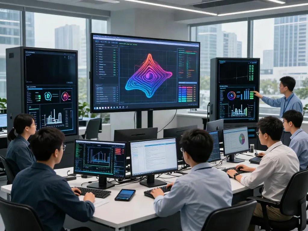 Engineers analyzing AI Token Economy metrics in a modern control room.