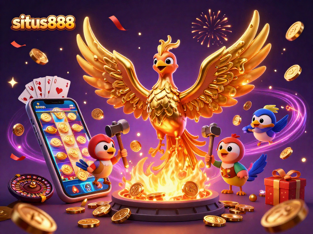 Experience top thrills at situs888 with an enchanting phoenix revealing coins in a vivid gaming scene.