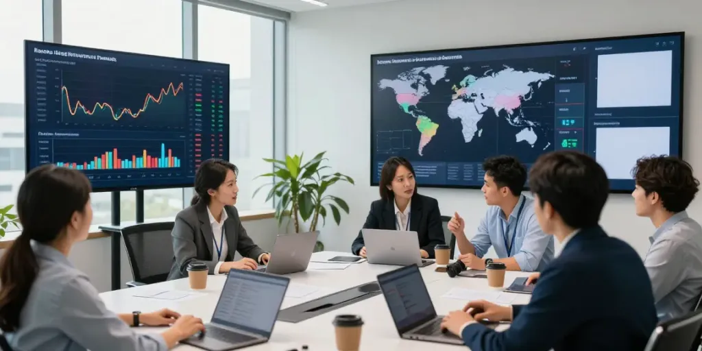 Team analyzing data on the world largest insurance company assets in a modern office.