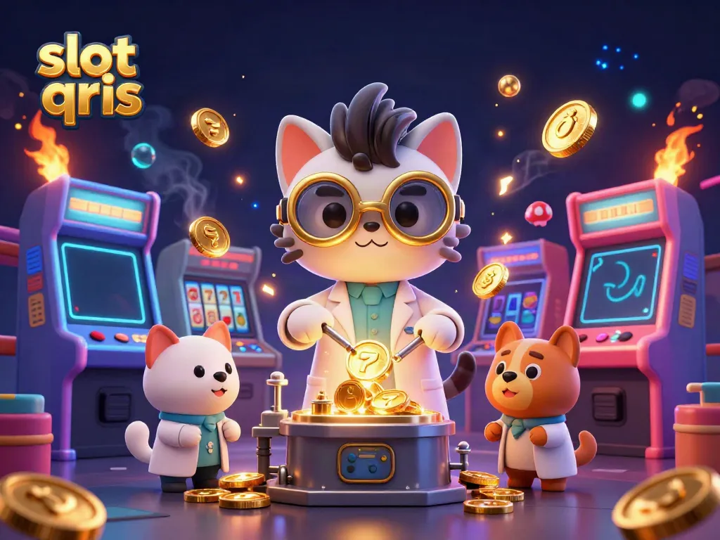 Playing slots with slot qris elements in a dynamic 3D casino scene featuring a mad scientist cat.