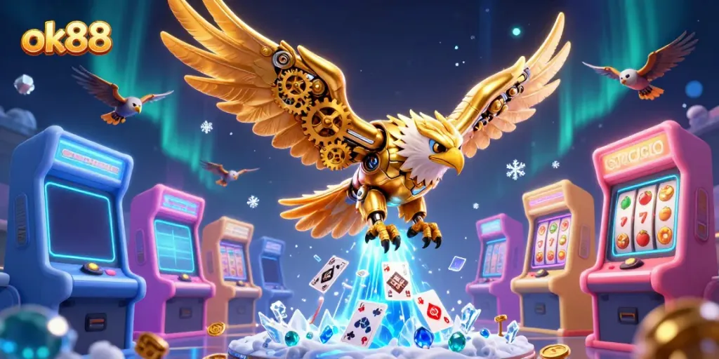 Engage with ok88’s thrilling casino experience featuring a golden eagle with dazzling game elements.