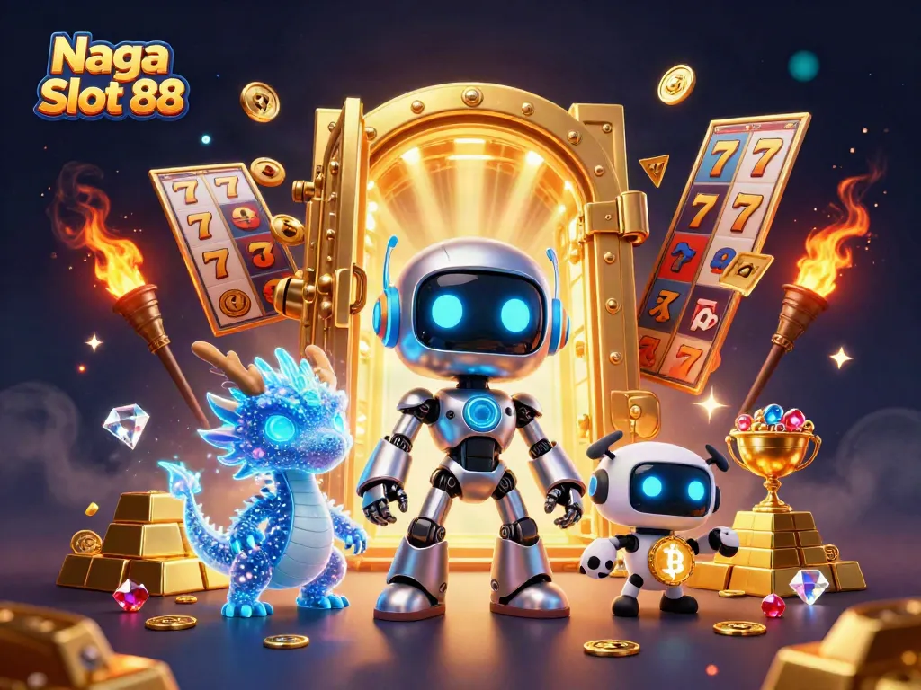 Naga Slot 88 showcases an action-packed scene with a cartoon robot and dragon near a treasure vault.