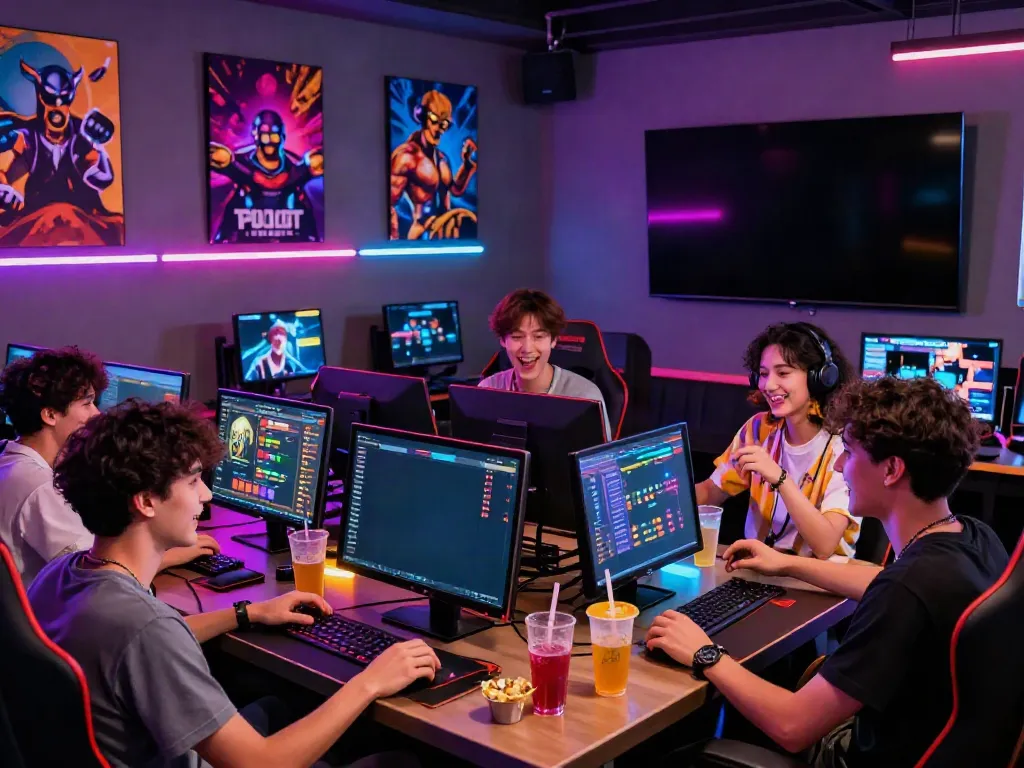 Group of friends enjoying PG SLOT in a vibrant gaming lounge with neon lights.