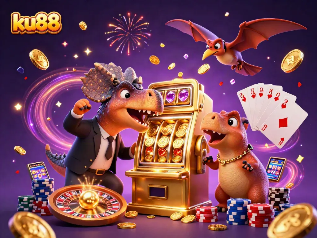 ku88 casino scene with a pachycephalosaurus headbutting a slot machine for a jackpot.