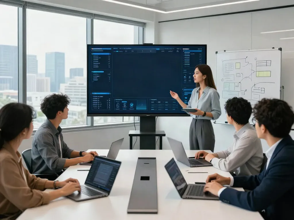 Deepfake protected meetings in a modern office with team collaboration and digital security analytics displayed.