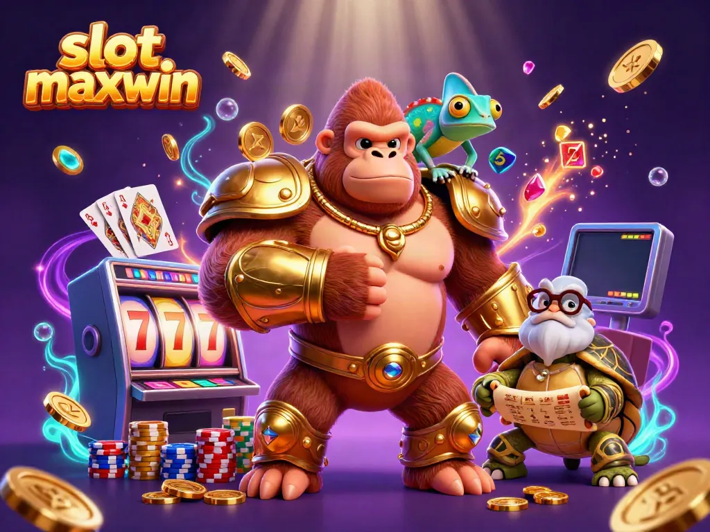 Engage in thrilling slot maxwin games alongside a golden gorilla king, chameleon, and wise tortoise in a lively casino scene.