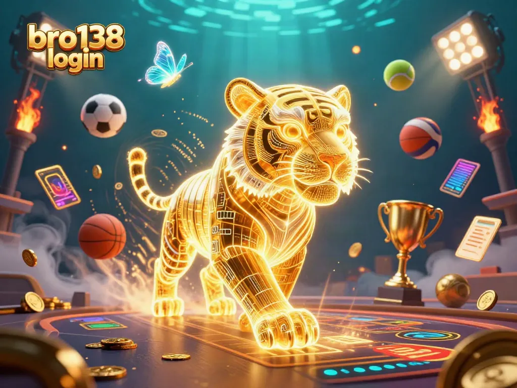 Experience the excitement of bro138 login in a vibrant digital casino filled with sports and gaming elements.