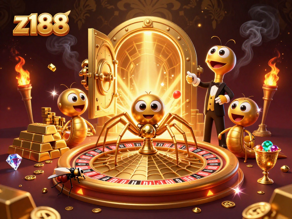 Experience thrilling bets at z188 with a golden spider spinning a roulette wheel web.