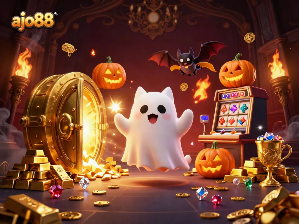Slot gacor di AJO88, dengan kucing hantu dan kelelawar lucu, memancarkan keceriaan.