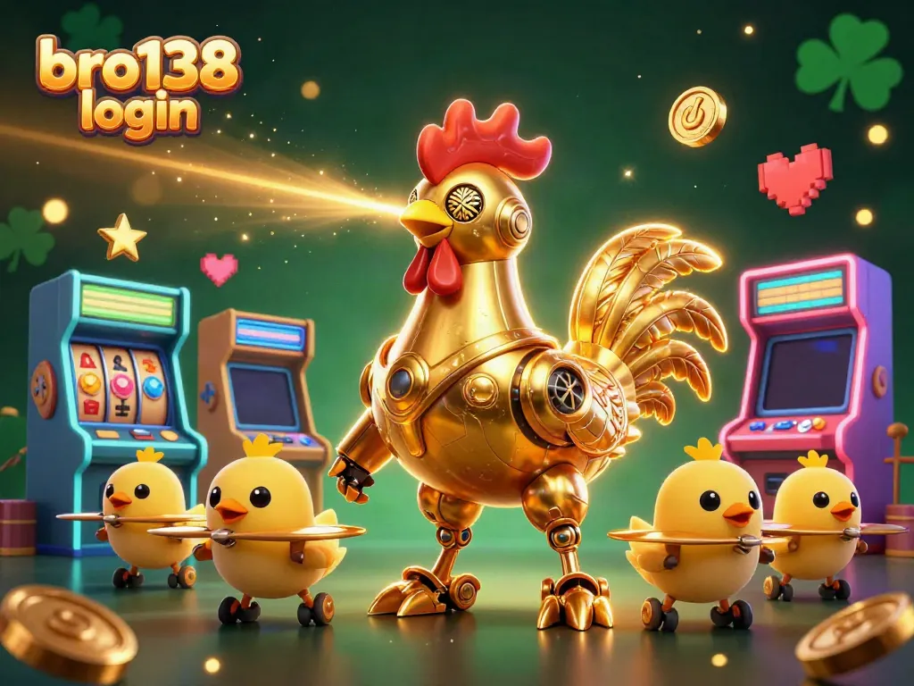 Engage with bro138 login in a vibrant casino-inspired 3D illustration featuring arcade games and themed characters.