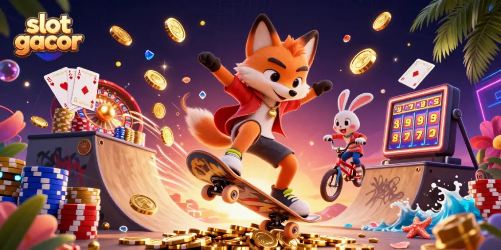 Engage with slot gacor excitement featuring a cartoon fox executing a kickflip over golden poker chips while a BMX-riding rabbit performs tricks in a vibrant casino scene.