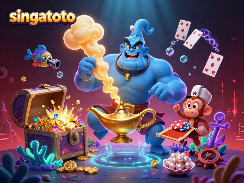 Experience the dynamic world of singatoto with a blue genie, poker chips, and treasure.