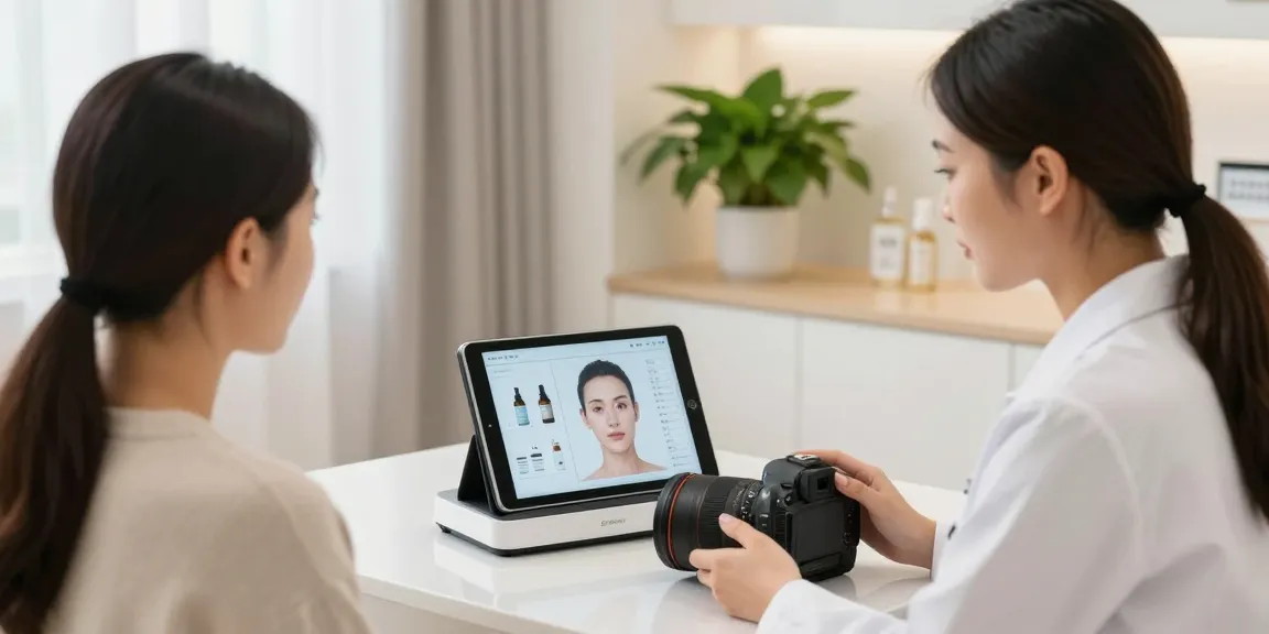 Consultation scene featuring ClinicEvo vs QOVES facial analysis technology in a modern beauty clinic.