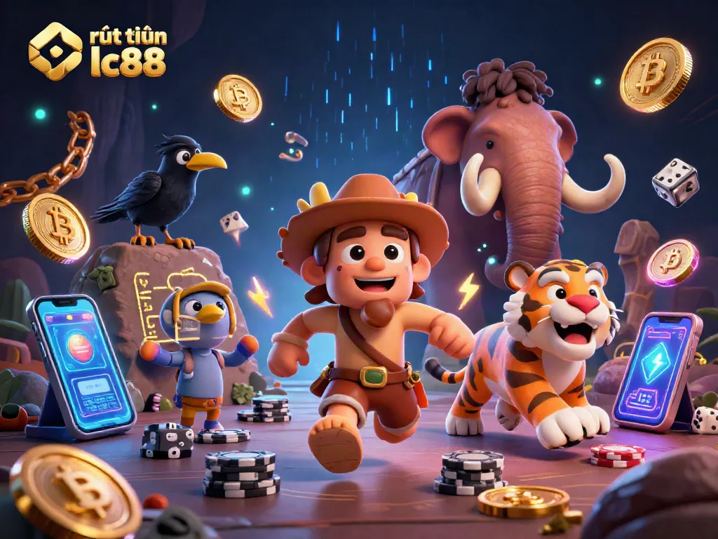 Experience rút tiền lc88 at a prehistoric casino with cartoon characters, poker chips, and crypto elements.