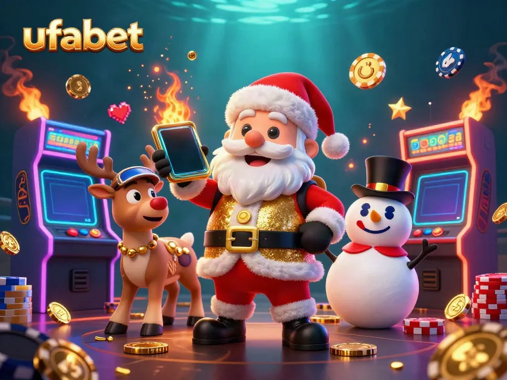 ภาพการ์ตูน 3 มิติของซานต้าในลักษณะคาสิโนถือสมาร์ทโฟนโชว์เกมสล็อต ufabet