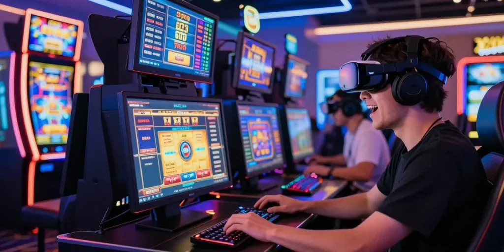 Permainan slot777 yang seru dengan pemain di depan layar komputer gaming di kasino online.