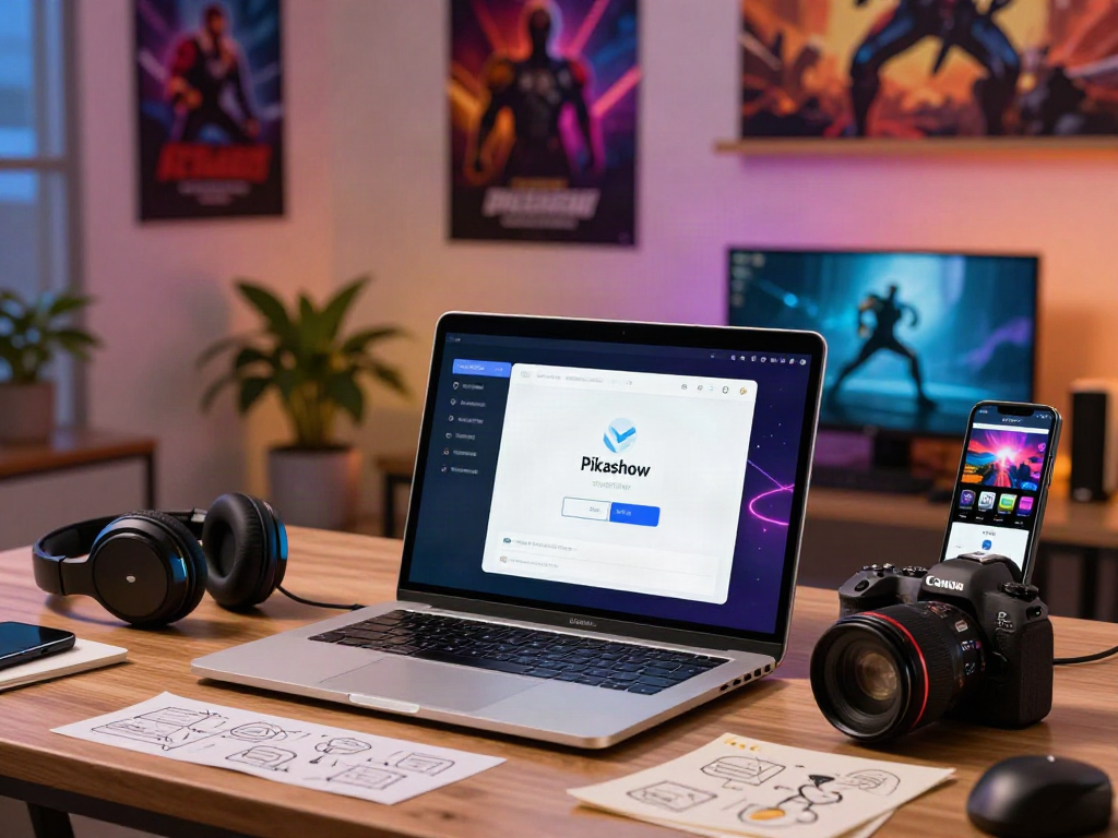 Pikashow app download on a laptop in a modern tech workspace full of gadgets.