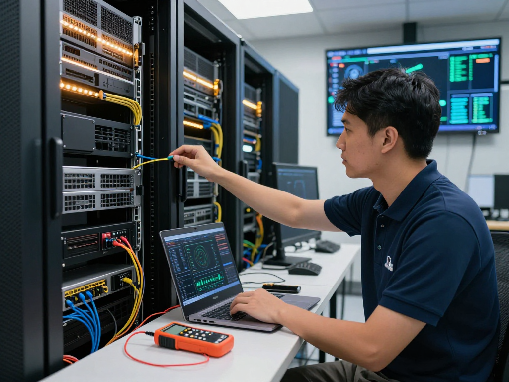 Professional engineer optimizing servidores vps windows in a sleek server room.