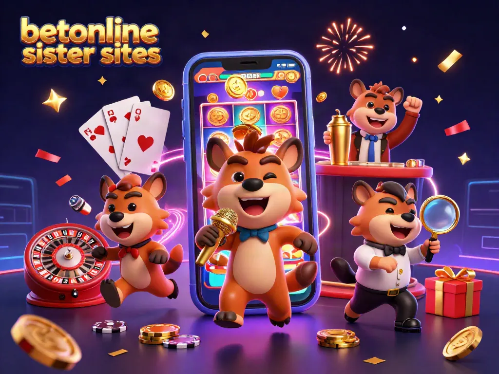 Experience fun at betonline sister sites in a packed casino scene with hyenas, slot games, and festive decorations.