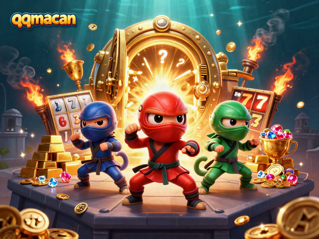 Engage in thrilling games with qqmacan while chameleons showcase slot reels and gold treasures.