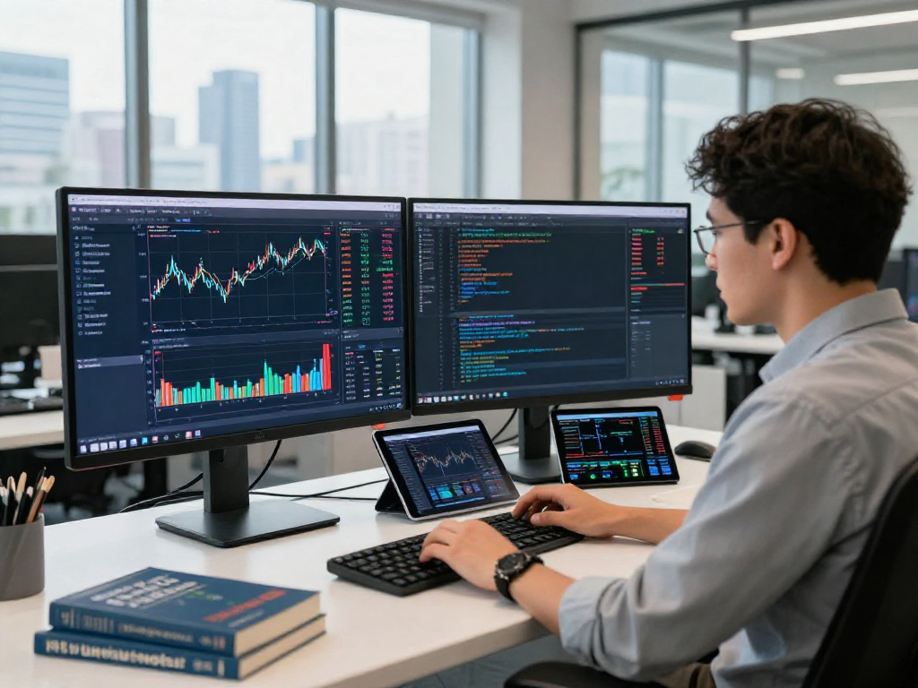 Scene depicting a developer utilizing HK stock backtesting API for real-time market analysis in a modern office.
