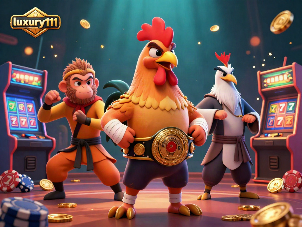 Experience excitement with luxury111 as cartoon characters thrive in a dynamic casino scene.