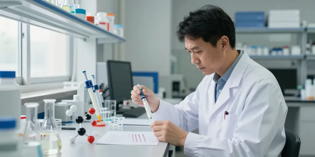 Buy SS-31 peptide in a professional lab setting with a scientist analyzing samples.