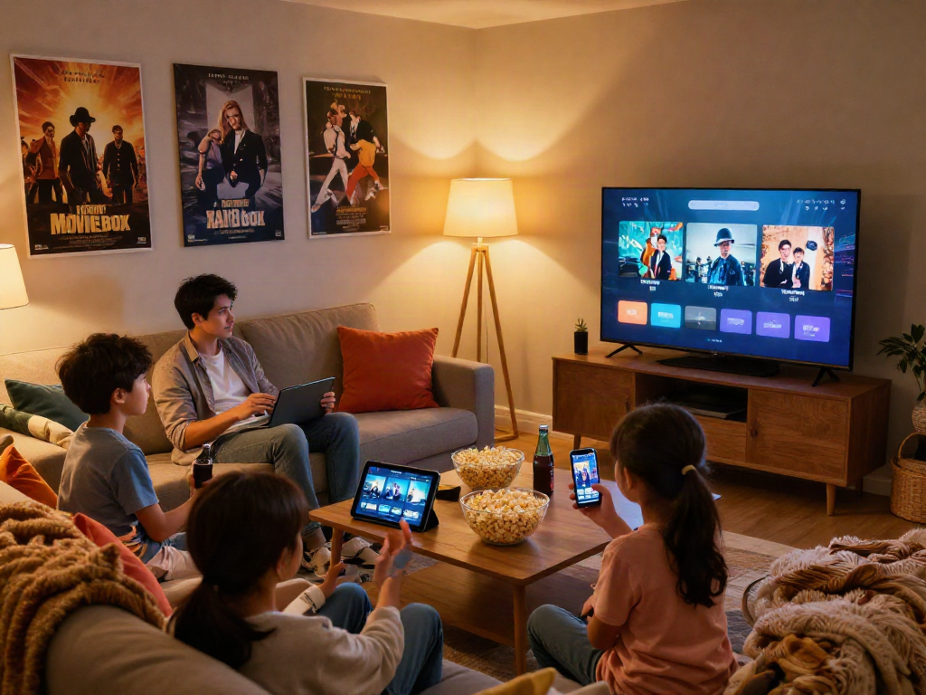 Family enjoying movie night with the Moviebox app on multiple devices.