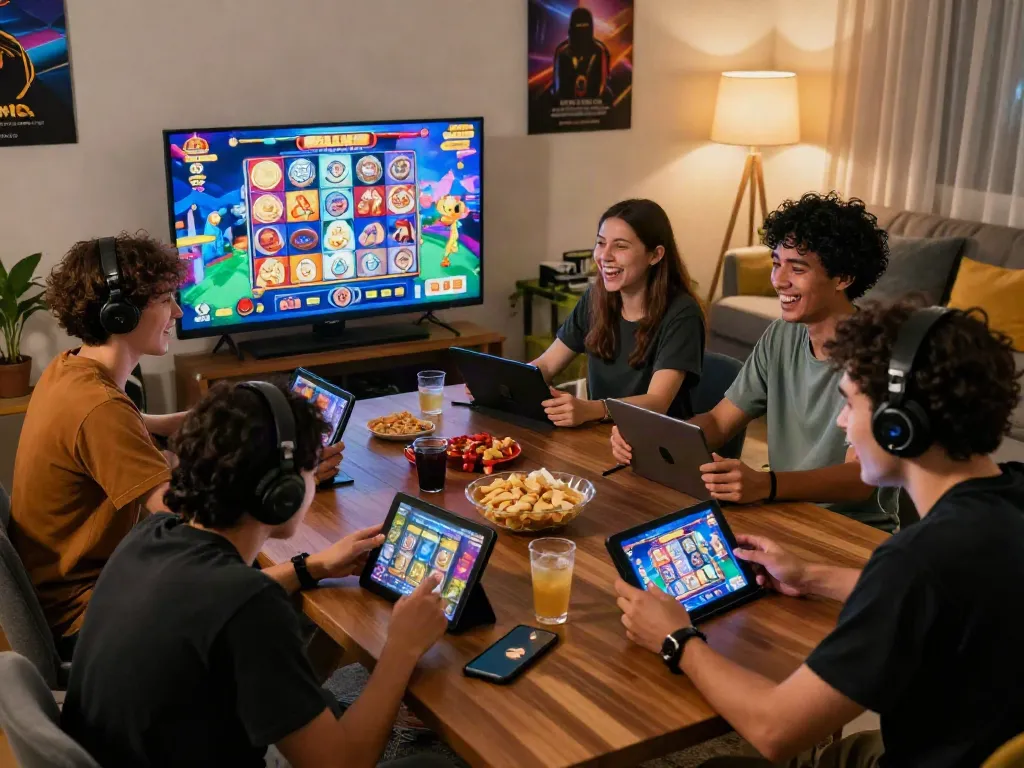 Group enjoying slot online gacor games together in a cozy living room setting, showcasing a vibrant gaming atmosphere.