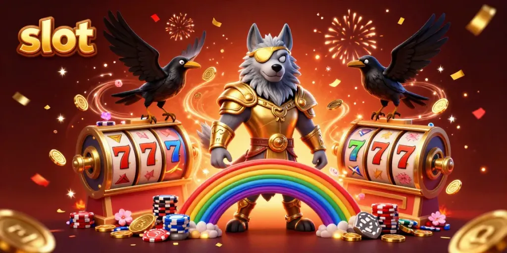 Experience the excitement of slot games with an ultra-detailed 3D scene featuring Odin and casino elements.